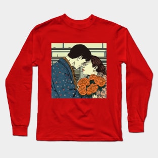 Cartoon Couple Kissing and holding Flowers Long Sleeve T-Shirt